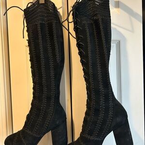 Anthropologie Black Lace-Up Heeled Boots